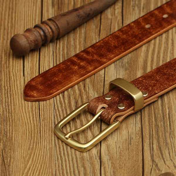 Handmade Mens Dark Brown Leather Brass Belt Minimalist Brass Leather Belt for Men