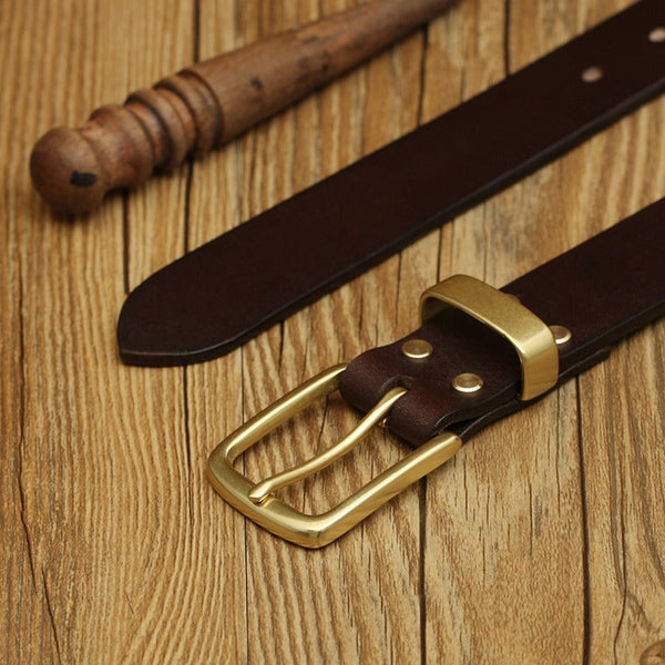 Handmade Mens Coffee Leather Brass Belt Minimalist Brass Leather Belt for Men