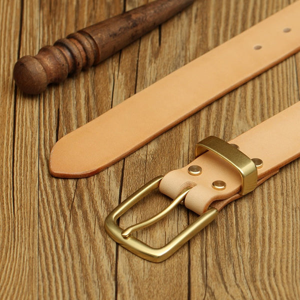 Handmade Mens Beige Leather Brass Belt Minimalist Brass Leather Belt for Men