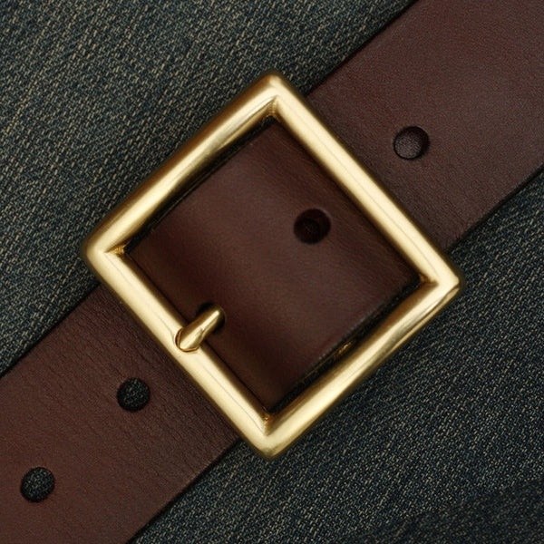 Handmade Mens Coffee Leather Square Buckle Brass Belts Minimalist Leather Brass Belt for Men