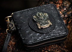 Handmade Leather Black Biker Wallets Mens Cool billfold Chain Wallet Trucker Wallet with Chain