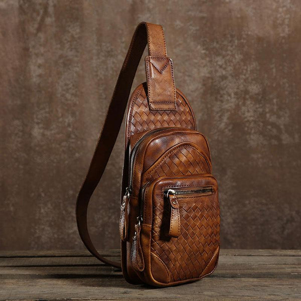 Handmade Leather Braided Mens Cool Chest Bag Sling Bag Crossbody Bag Travel Bag Hiking Bag for men
