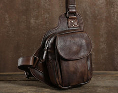 Handmade Leather Mens Cool Chest Bag Sling Bag Crossbody Bag Hiking Bag for men