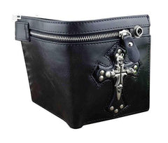 Punk Black Leather Men's Small Biker Wallet Chain Wallet Skull Cross Short Wallet with Chain For Men