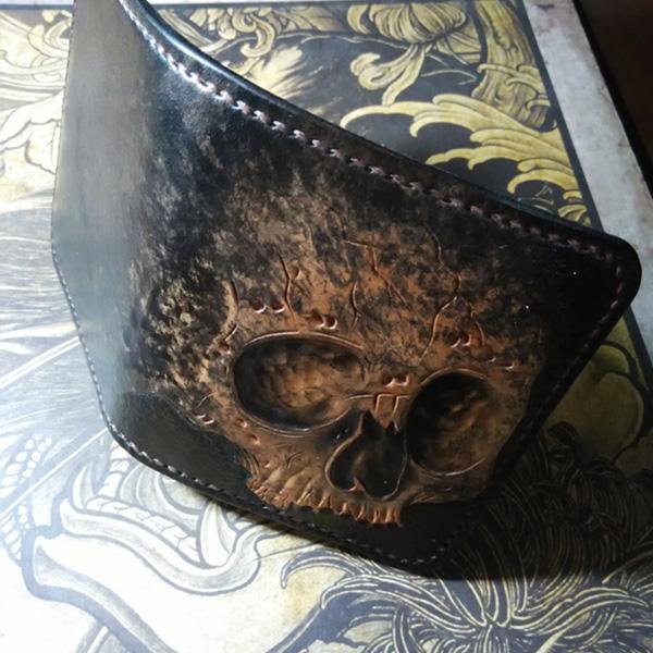High Quality Genuine Leather Men Wallets Cool Spider Skull Printing Short Card Holder Purse Billfold