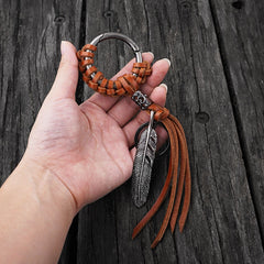 Handmade Biker Trucker Motorcycle Cool Feather Key Ring Keychain Fob Leather Tassels Braided Keychain