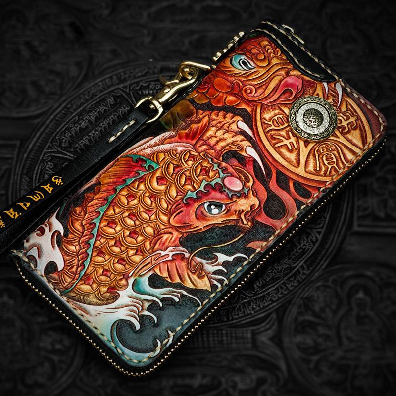 Handmade Leather Tooled Carp Mens Chain Biker Wallet Cool Leather Wallets Long Phone Wallets for Men