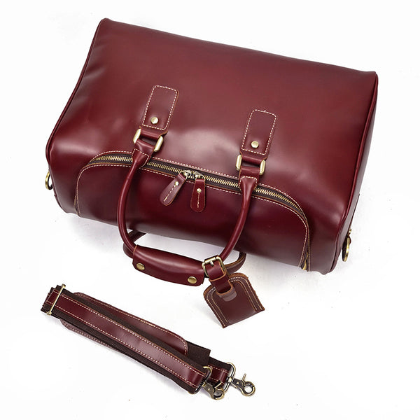 Cool Red Large Leather Mens Overnight Bag Travel Duffle Bag Weekender Bag