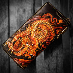 Handmade Leather Acalanatha Tooled Mens Long Biker Wallet Cool Leather Biker Wallet With Chain Wallets for Men