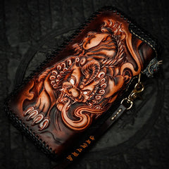 Cool Leather Tooled Chinese Dragon Chain Wallet Mens Biker Wallet Leather Wallet Long Phone Wallets for Men