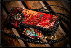 Handmade Leather Tooled Carp Mens Chain Biker Wallets Cool Leather Wallet Long Biker Wallets for Men