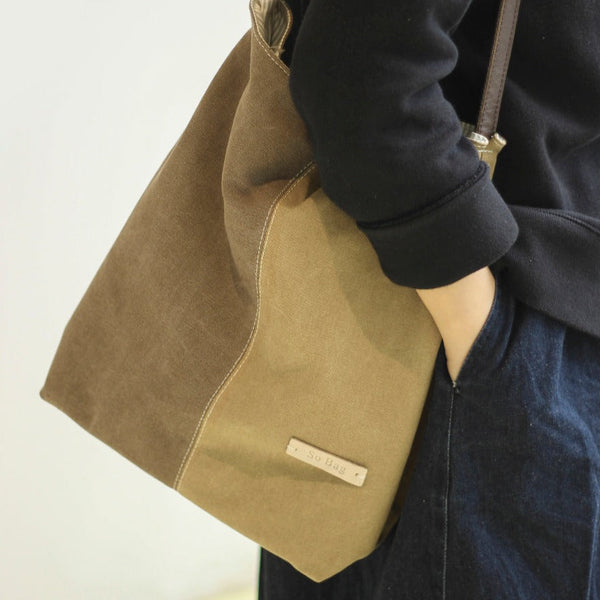 Khaki Canvas Splicing Tote Bag Canvas Womens Handbag Canvas Tote Shoulder Bag for Men Women