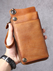 Genuine Leather Mens Cool Biker Chain Wallet Long Leather Wallet Slim Clutch Wristlet Wallet for Men