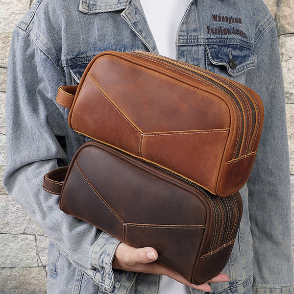 Leather Roomy Dopp Kit Clutch Wash Kit Brown Leather Men's Toiletry Bag  - iwalletsmen