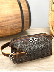 Braided Pattern Leather Toiletry Bag Men's Brown Leather Toiletry Bag Full Grain Leather Toiletry Bag - iwalletsmen