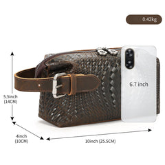 Braided Pattern Leather Toiletry Bag Men's Brown Leather Toiletry Bag Full Grain Leather Toiletry Bag - iwalletsmen
