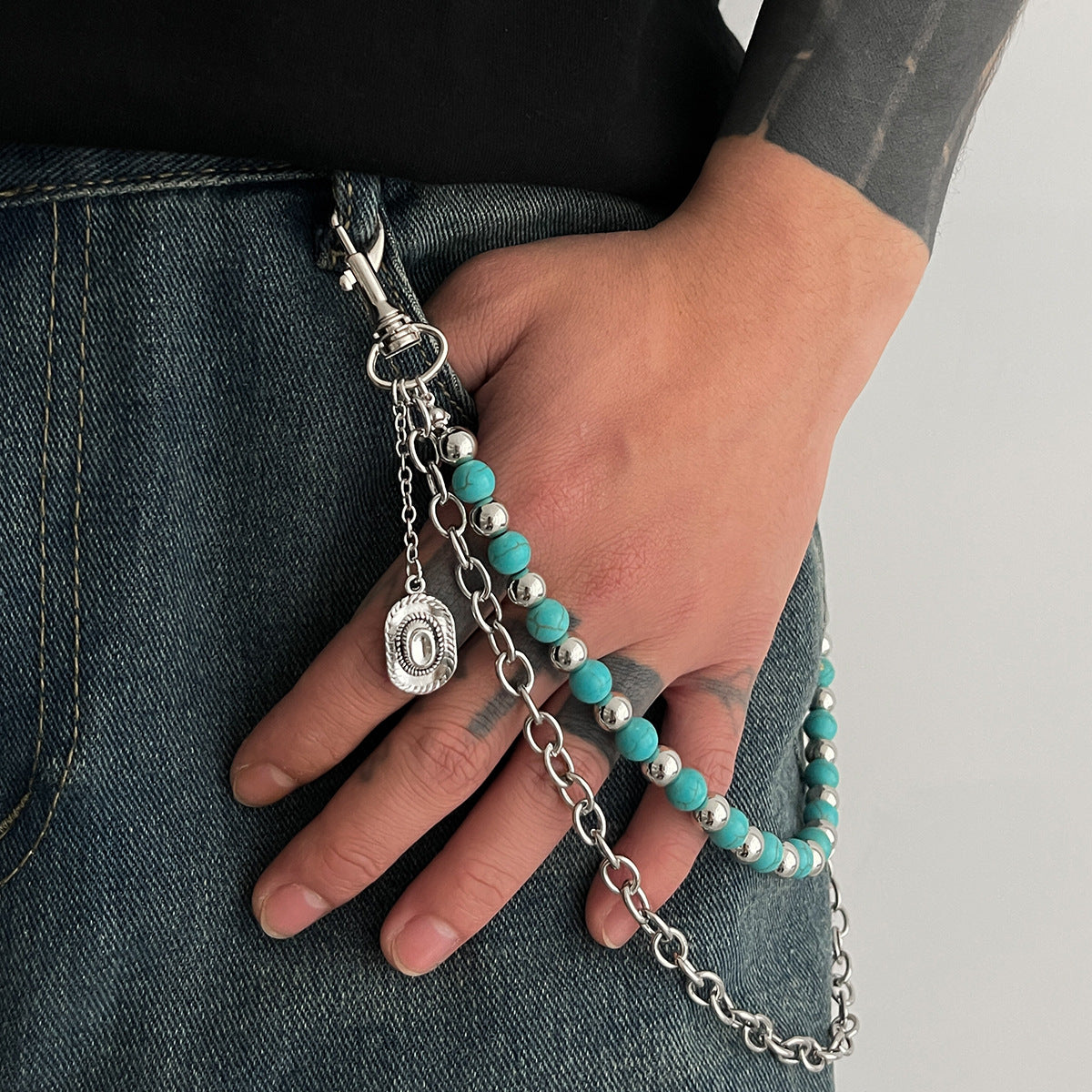 Beaded Wallet Chain Fake Turquoise Double Wallet Chain Mens Ball Wallet Chain - iChainWallets