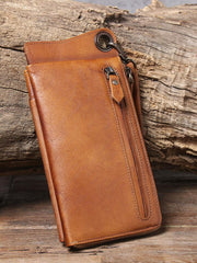 Genuine Leather Mens Cool Biker Chain Wallet Long Leather Wallet Slim Clutch Wristlet Wallet for Men