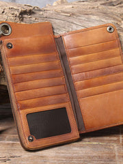 Genuine Leather Mens Cool Biker Chain Wallet Long Leather Wallet Slim Clutch Wristlet Wallet for Men