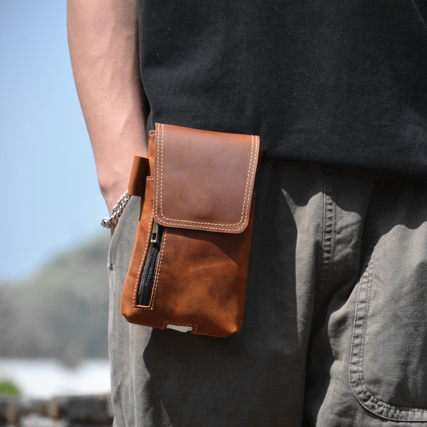 Brown Leather Belt Phone Pouch