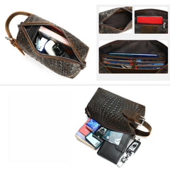 Braided Pattern Leather Toiletry Bag Men's Brown Leather Toiletry Bag Full Grain Leather Toiletry Bag - iwalletsmen