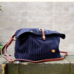 Womens Jeans Shoulder Bag Blue Striped Denim Leather Crossbody Bag for Men Striped Messnger Bag - Feltify