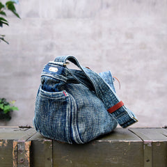 Blue Denim Messnger Bag Washed Distressed Womens Large Jeans Shoulder Bag Large Denim Crossbody Bag for Men - Feltify