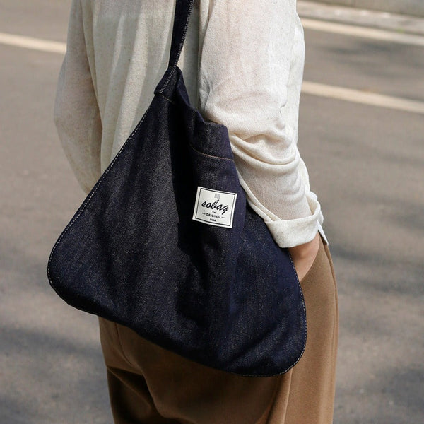 Women Blue Denim Shoulder Tote Bag Denim Medium Size Tote Crossbody Bag for Men - Front View