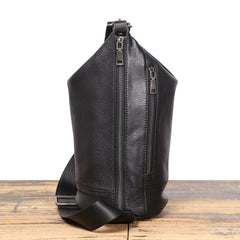 Full Grain Leather Sling Bag Black Barrel Sling Bag for Men - iwalletsmen