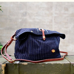 Womens Jeans Shoulder Bag Blue Striped Denim Leather Crossbody Bag for Men Striped Messnger Bag - Feltify