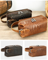 Braided Pattern Leather Toiletry Bag Men's Brown Leather Toiletry Bag Full Grain Leather Toiletry Bag - iwalletsmen