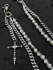Pearl Wallet Chain Double Wallet Chain Mens Ball Wallet Chain with Cross - iChainWallets