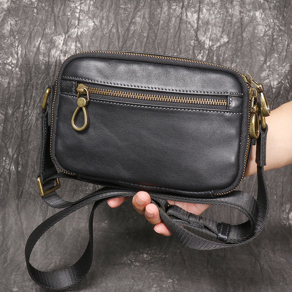 Black Small Messenger Bag Men's Black Leather Messenger Bag Small Black Leather Crossbody Bag - iwalletsmen
