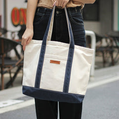 Womens White&Blue Canvas Stachel Tote Bag Canvas Tote Shoulder Bags Handbag for Women