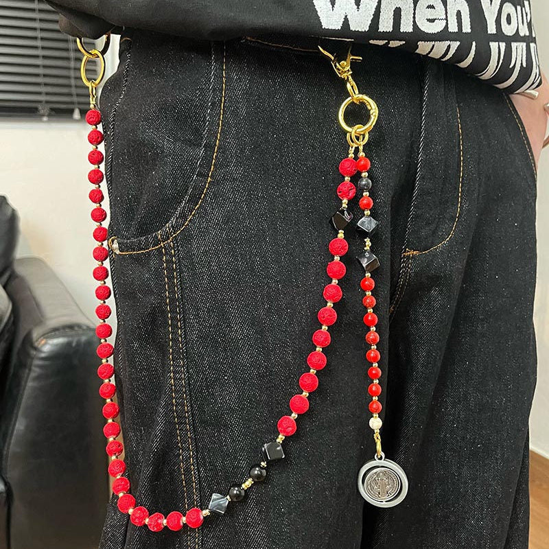 Red Lavastone Beaded Wallet Chain Long Bead Wallet Chain for Women - iChainWallets