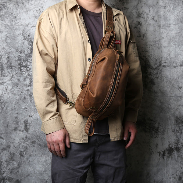 Brown Leather Sling Pack Cool Sling Bags for Men Cool Mens Sling Bags Crossbody Chest Bag