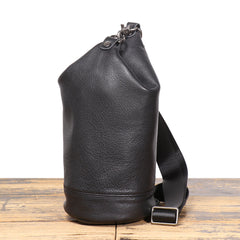 Full Grain Leather Sling Bag Black Leather Men's Sling Bag Barrel Sling Bag for Men - iwalletsmen