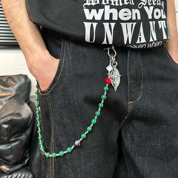 Beaded Wallet Chain Green Stone Long Bead Wallet Chain for Women - iChainWallets