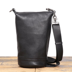Full Grain Leather Sling Bag Black Leather Men's Sling Bag Barrel Sling Bag for Men - iwalletsmen