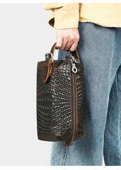 Braided Pattern Leather Toiletry Bag Men's Brown Leather Toiletry Bag Full Grain Leather Toiletry Bag - iwalletsmen