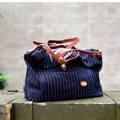 Womens Jeans Shoulder Bag Blue Striped Denim Leather Crossbody Bag for Men Striped Messnger Bag - Feltify