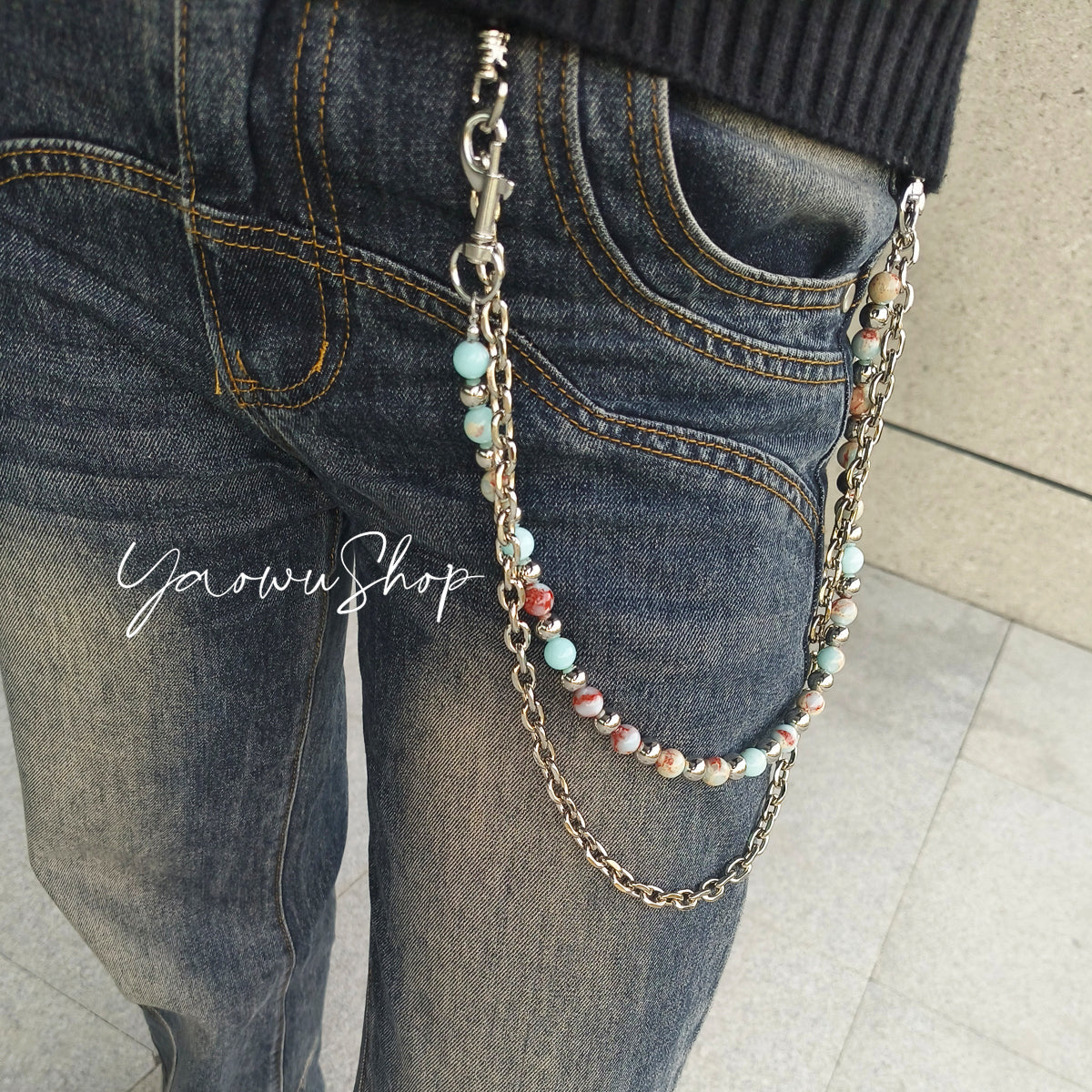 Light Blue Shoushan Stone Beaded Wallet Chain 