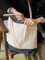 Women White Beige&Navy Canvas Shopper Tote Bags Canvas Tote Shoulder Bag Handbag for Mens