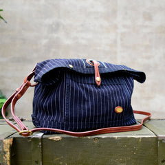 Womens Jeans Shoulder Bag Blue Striped Denim Leather Crossbody Bag for Men Striped Messnger Bag - Feltify