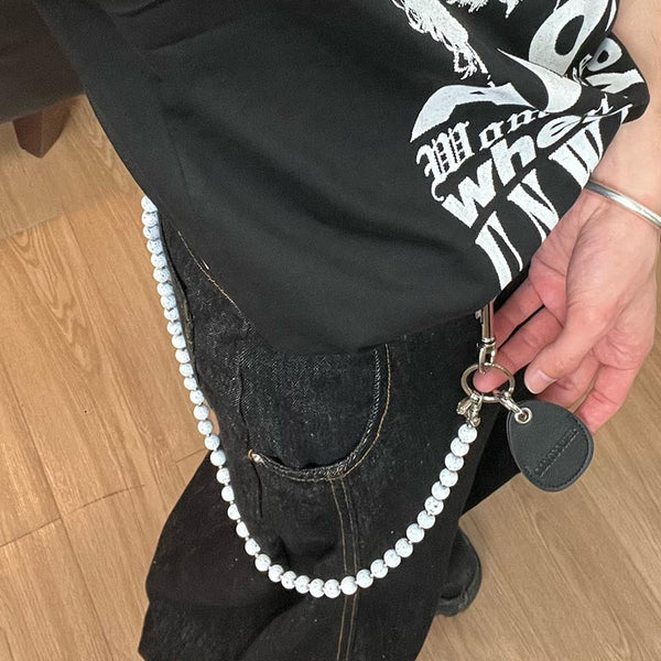 White Beaded Wallet Chain Womens White Lavastone Long Bead Wallet Chain with Keyring - iChainWallets