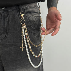 Pearl Wallet Chain for Men Cross Triple Wallet Chain 