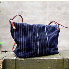 Womens Jeans Shoulder Bag Blue Striped Denim Leather Crossbody Bag for Men Striped Messnger Bag - Feltify