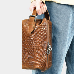 Braided Pattern Leather Toiletry Bag Men's Brown Leather Toiletry Bag Full Grain Leather Toiletry Bag - iwalletsmen