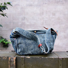 Blue Denim Messnger Bag Washed Distressed Womens Large Jeans Shoulder Bag Large Denim Crossbody Bag for Men - Feltify