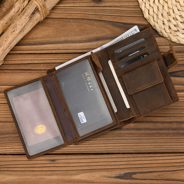 Dark Brown Leather Vertical Wallet with Buckle Mens Wallets Leather Vertical Bifold Wallet - iwalletsmen
